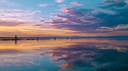 Fototapeta premium Dreamy defocused salt lake scene with pastel reflections of sunset clouds and faint rustic post silhouettes, serene atmosphere, with copy space