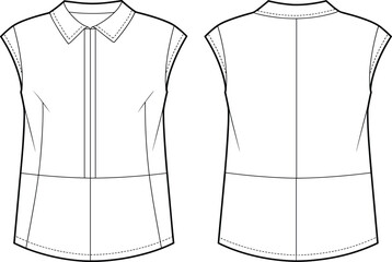 Sleeveless collared blouse illustration, front and back view, technical fashion sketch, darts, hidden placket, curved hem, vector art