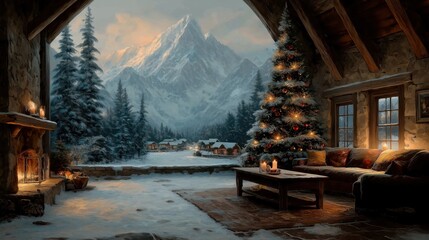 暖炉とクリスマスの飾りが施された山小屋のリビングルームから雪に覆われた山脈を眺める景色 | View of snow-covered mountains from a cozy cabin living room with a fireplace and decorated Christmas tree