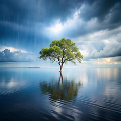 A lone tree stands in a calm sea during rain, symbolizing solitude