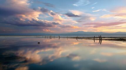 Obraz premium Dreamy defocused salt lake scene with pastel reflections of sunset clouds and faint rustic post silhouettes, serene atmosphere, with copy space