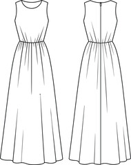 Sleeveless dress technical sketch, front and back view, fashion flat, round neckline, gathered waist, flowing skirt, button back, floor-length