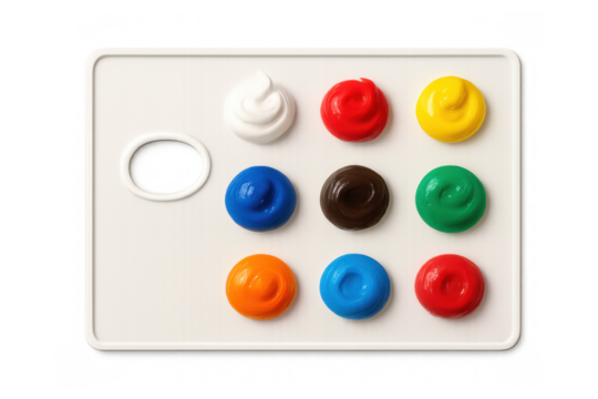 White art palette holding colourful paint blobs for creative projects on a transparent background - Powered by Adobe