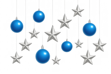 Hanging blue baubles and silver stars christmas decoration