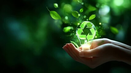 A digital hand cradling a glowing holographic lamp symbolizing recycling and sustainability background enriched with green light particles floating icons of leaves and recycling - Powered by Adobe