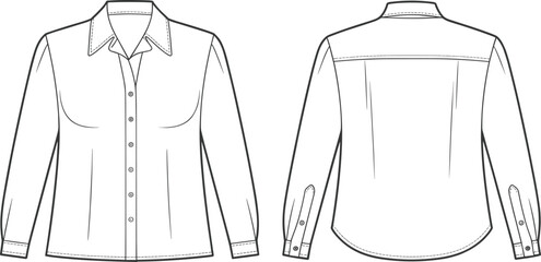 Women's blouse technical sketch, front and back view, button-up shirt, pointed collar design, fashion flat, vector illustration, bust darts