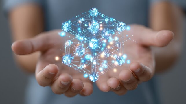 Innovative holographic cube network connecting digital icons floats above cupped hands offering a glimpse into future technology and global data flow