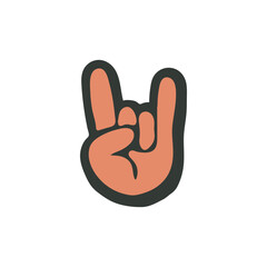 Hand showing the iconic rock and roll sign with index and pinky fingers extended, a stylized and slightly distressed retro vector illustration