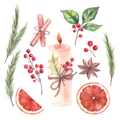 Christmas set with candle, winter berries, cinnamon, orange slices, star anise, fir branches. Hand-painted watercolor illustration. Isolated on a white background. For invitational and greeting cards.