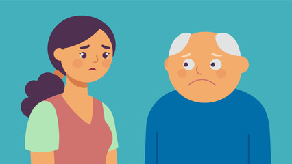 A caregiver looking worried as they watch their client with dementia staring off into the distance with a confused expression lost in thought.. Vector illustration