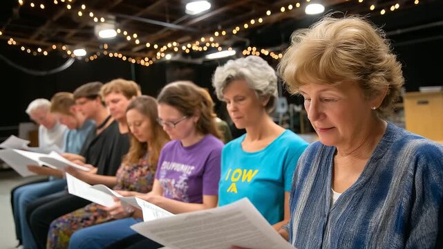 Actors rehearsing for community theater play, scripts and laughter, stage lights, teamwork and creativity, artistic passion, local culture, performing arts, group inspiration, with