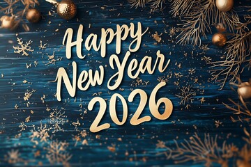 Happy New Year 2026 Neujahrsgr&uuml;&szlig;e &ndash; Festliche Karte mit goldener Schrift und Feuerwerk auf blauem Hintergrund