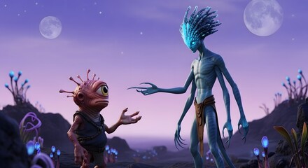 Two alien creatures meet on a vibrant, surreal planet under a purple sky with glowing flora, a stunning, otherworldly scene.