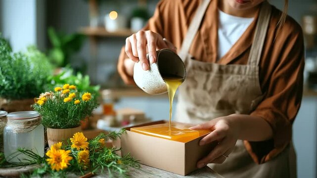 Woman pouring soap mixture into mold at home workshop, creativity and scent, handmade process, craft and patience, eco lifestyle, learning new skill, self care hobby, natural artis