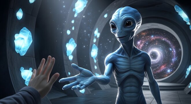 Friendly alien extending hand in greeting, inviting connection and sparking curiosity in a futuristic, cosmic setting