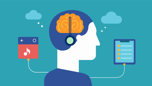 A person with a history of traumatic brain injury using a personalized music playlist as part of their rehabilitation treatment showing its role in promoting brain plasticity and. Vector illustration