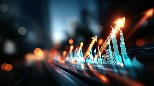A wide virtual banner filled with glowing financial metrics and growth percentages arrows pointing upward in radiant colors atmosphere of progress development and modern busine