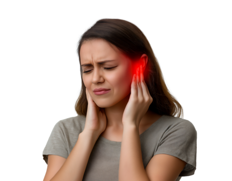 Young Caucasian woman grimacing with painful expression from ear ache, red glow on ear, isolated on white or transparent background - Powered by Adobe