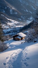 Snow-covered cabin in winter with mountain views and fresh footprints