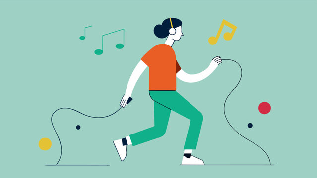 A sketch of a person with multiple sclerosis using music therapy to improve their balance and gait by listening to a personalized playlist of rhythmic songs while walking and. Vector illustration