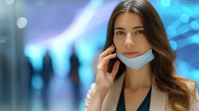 A stylish woman with long brown hair gently pulls down her medical mask in a contemporary public space, symbolizing hope and transition. The futuristic blue background highlights her serene expression
