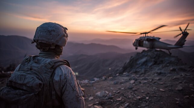 Solitary soldier surveys rugged terrain at sunset as helicopter approaches, evoking themes of vigilance, mission, and vast landscapes.