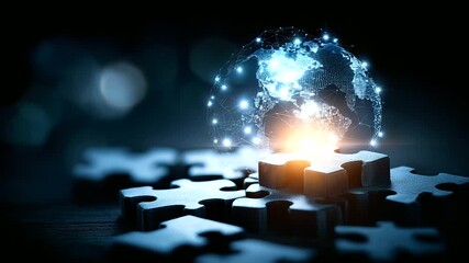 A futuristic digital puzzle glowing with interconnected pieces global business icons forming connections across continents atmosphere of collaboration partnership and shared - Powered by Adobe
