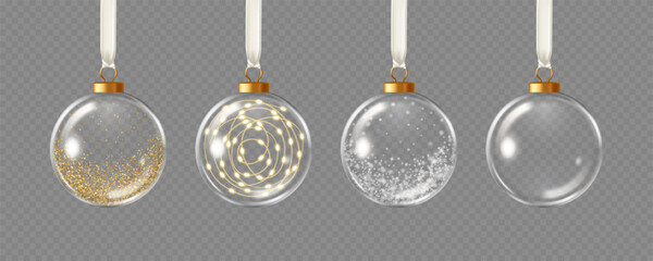 Collection of hanging glass Christmas ornaments with confetti, garland, snow, and empty. Vector illustration in 3D style