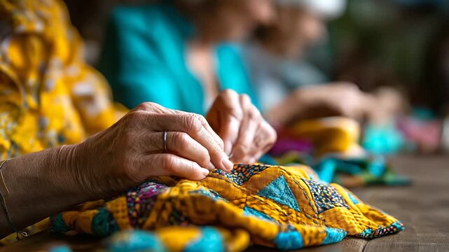 Elderly women attending quilting bee, hands sewing colorful fabrics, cozy atmosphere, friendship and creativity, tradition and craft, storytelling and connection, heritage art, joy