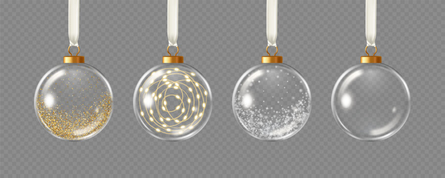 Collection of hanging glass Christmas ornaments with confetti, garland, snow, and empty. Vector illustration in 3D style