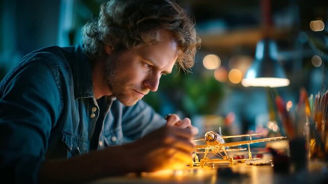 Man building model airplane at desk, patience and focus, craftsmanship and precision, creative hobby, peaceful solitude, hands-on project, engineering art, mindfulness activity, wi