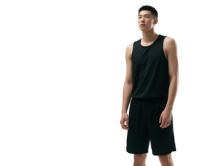 A young man in black sportswear stands isolated, showcasing athletic attire and a fit physique.