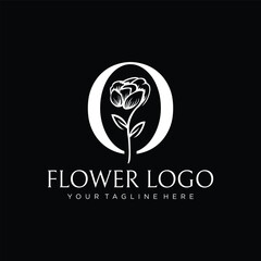 Letter O Rose Flower Logo Design, White logo on Black Background, Vector Illustration.
