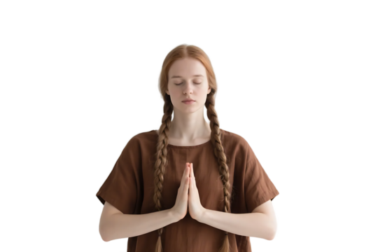 Young woman with braided hair in meditation pose, eyes closed, practicing mindfulness and relaxation. - Powered by Adobe