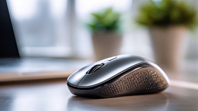 Sleek wireless mouse on a modern desk promotes productivity and creative inspiration in a bright workspace perfect for tech blogs and product reviews