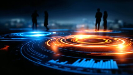 A luminous screen filled with interactive financial charts circular graphs glowing in blue and orange traders analyzing real time updates atmosphere of clarity focus and