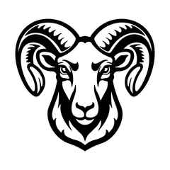 Black illustration of a ram or goat with horns without background