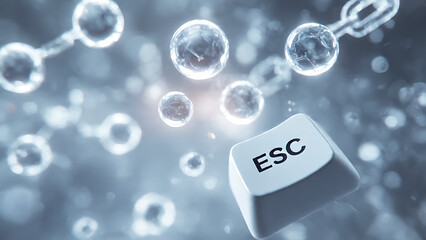 An ESC button floats amidst a chain of spheres. The button has the letters ESC on it, symbolizing escape, with the spheres. 