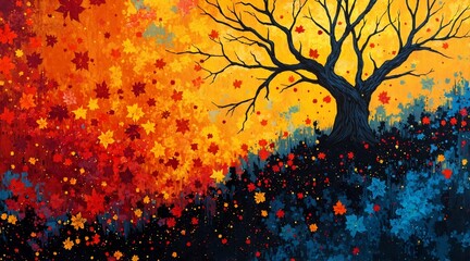 A vibrant autumn tree with fiery red leaves stands in gentle rain, its branches reaching toward a soft blue sky dotted with fluffy white clouds. Falling petals swirl around the scene