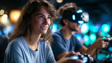 Teenagers gaming at virtual reality center, neon glow and teamwork, friendship and excitement, technology and joy, immersive play, futuristic lifestyle, entertainment and bonding,