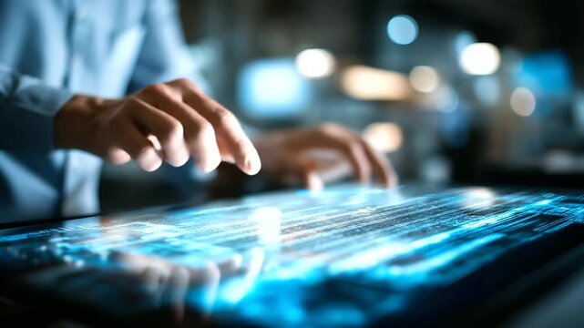 A SCADA control station glowing with blue holographic panels real time industrial data streaming in luminous lines operators adjusting automation parameters atmosphere of