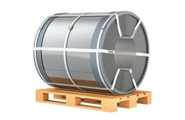 Fototapeta na wymiar Roll of sheet steel on wooden pallet, 3D rendering