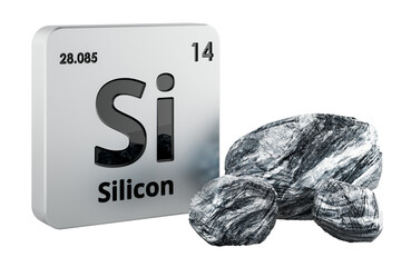 Silicon element symbol and raw silicon stones, 3D rendering