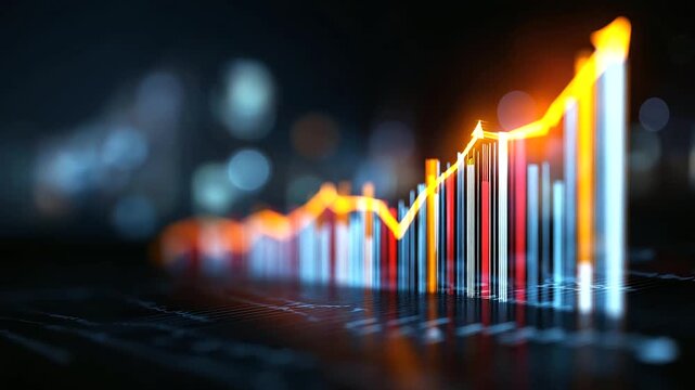 A wide virtual banner filled with glowing financial metrics and growth percentages arrows pointing upward in radiant colors atmosphere of progress development and modern busine