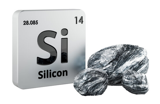 Silicon element symbol and raw silicon stones, 3D rendering
