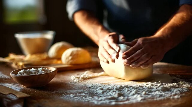 Baker kneading dough on wooden counter, warm morning light, artisan bread making, craftsmanship and patience, homemade food, traditional recipe, sensory joy, comfort and creativity - Powered by Adobe