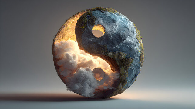 Yin Yang symbol made of rock and clouds glowing wit
