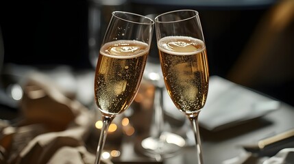 Two champagne glasses clinking in joy with a sophisticated table arrangement and golden bubbles.