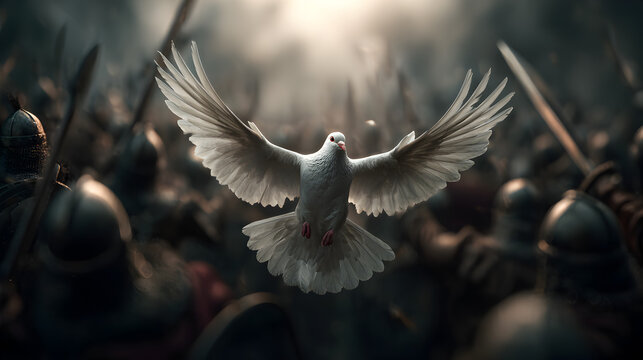 White dove flying with open wings between soldiers symbolizing peace hope and reconciliation rising above war and conflict
