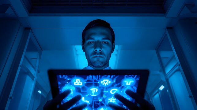 Using a digital tablet with futuristic medical icons and a healthcare technology interface, a doctor
